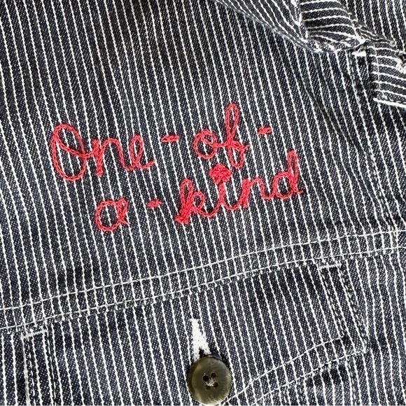 Pinstripe Navy Stretch Jean Jacket w/ Embroidery & Elephant Flour Sack Applique - Picture 2 of 7